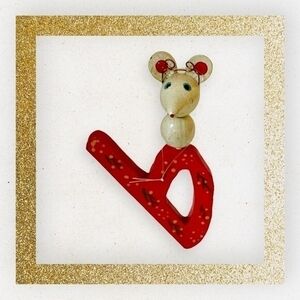 Vintage Wood Christmas Ornament Mouse on Letter B Handcrafted 4.25 Holiday Decor